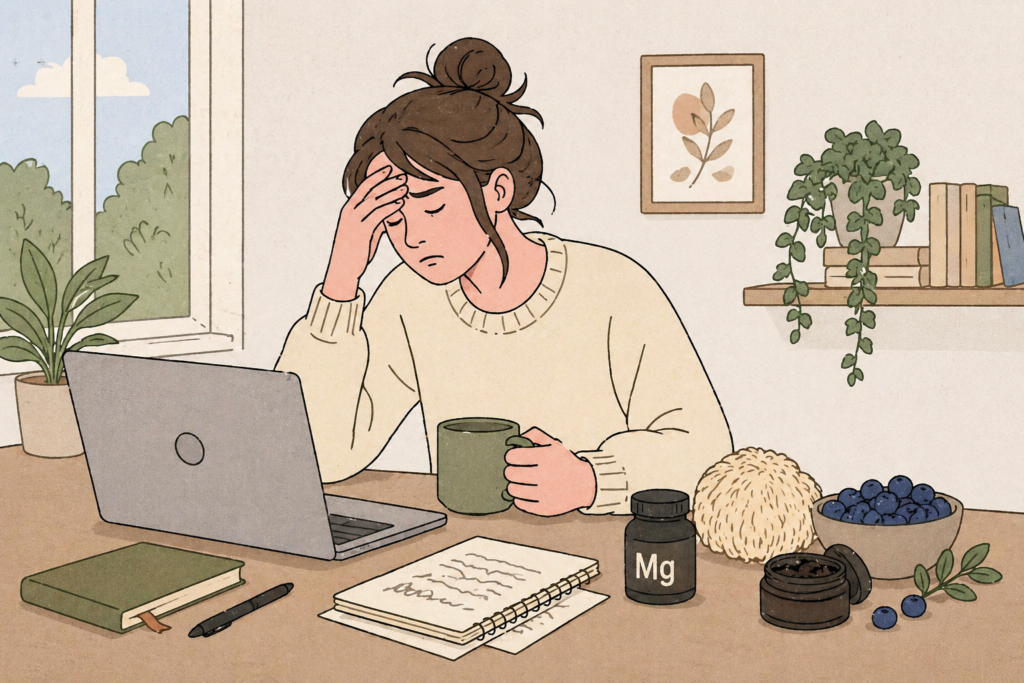 Woman sitting at desk looking fatigued brain fog natural remedies