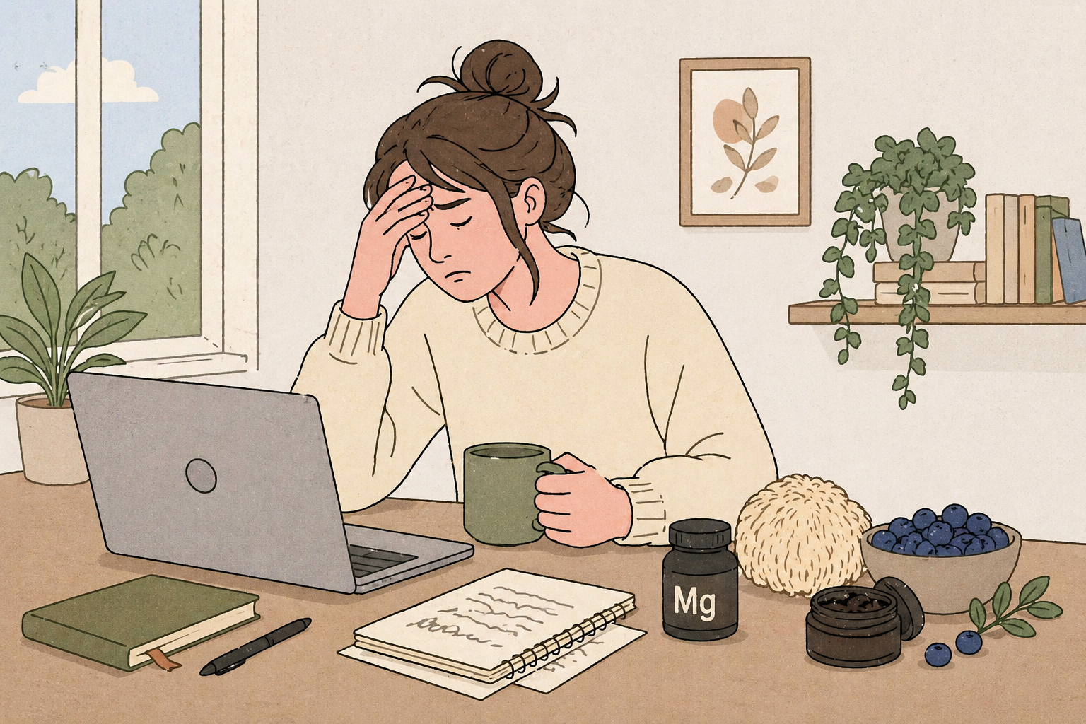 Woman sitting at desk looking fatigued brain fog natural remedies